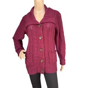 St. John's Bay L Cable Knit Cardigan Sweater Maroon Oversized Collar Pockets